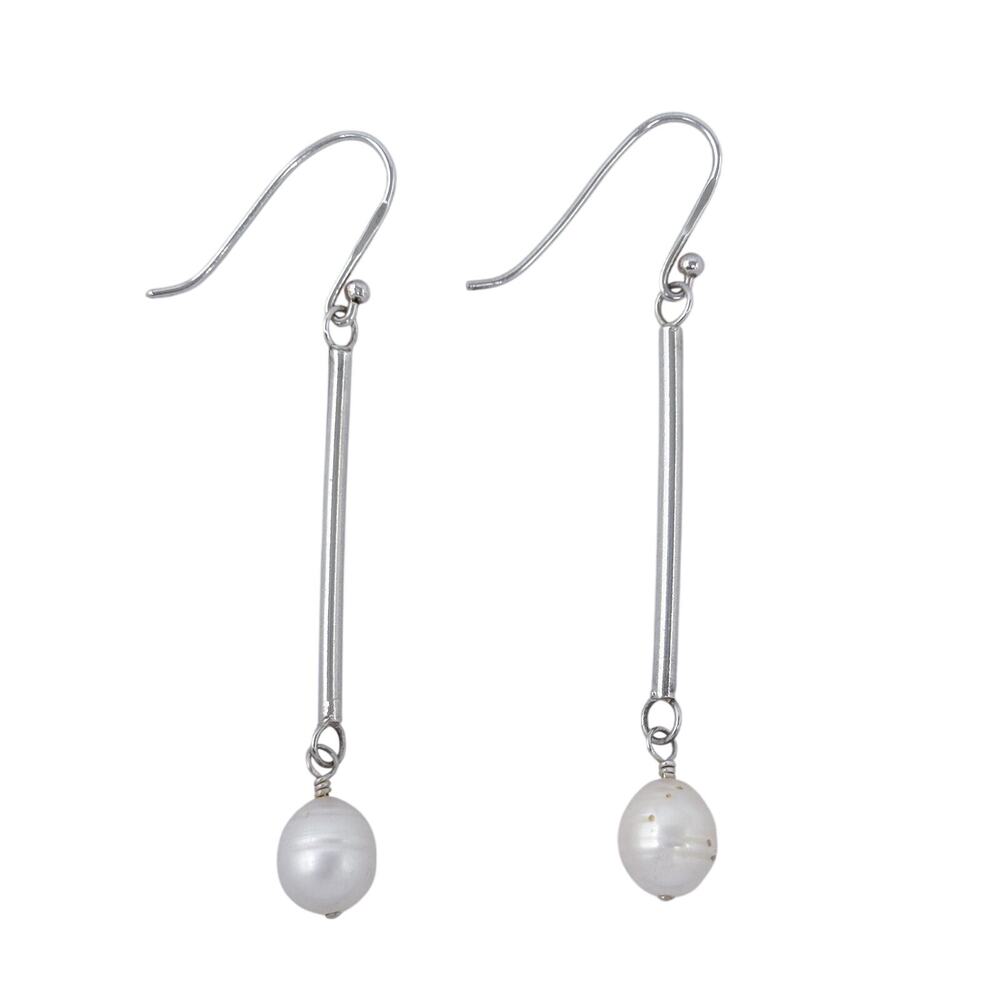 Vintage Sterling Silver 925 Pearl Bar Drop Earrings